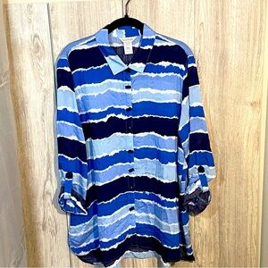 Multiples Blue and White Patterned Button Down Shirt Roll Sleeves L